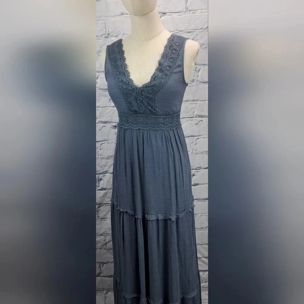 Rebellion Again Ruffled Boho Lace Maxi Dress V-Neck Dark Blue Rayon Y2K Size  XS - Picture 7 of 16